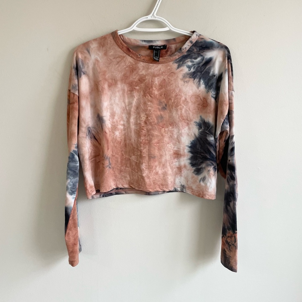 ORANGE CORAL SALMON GREY WHITE LONG SLEEVE TIE DYED TEE SHIRT OPEN FIT